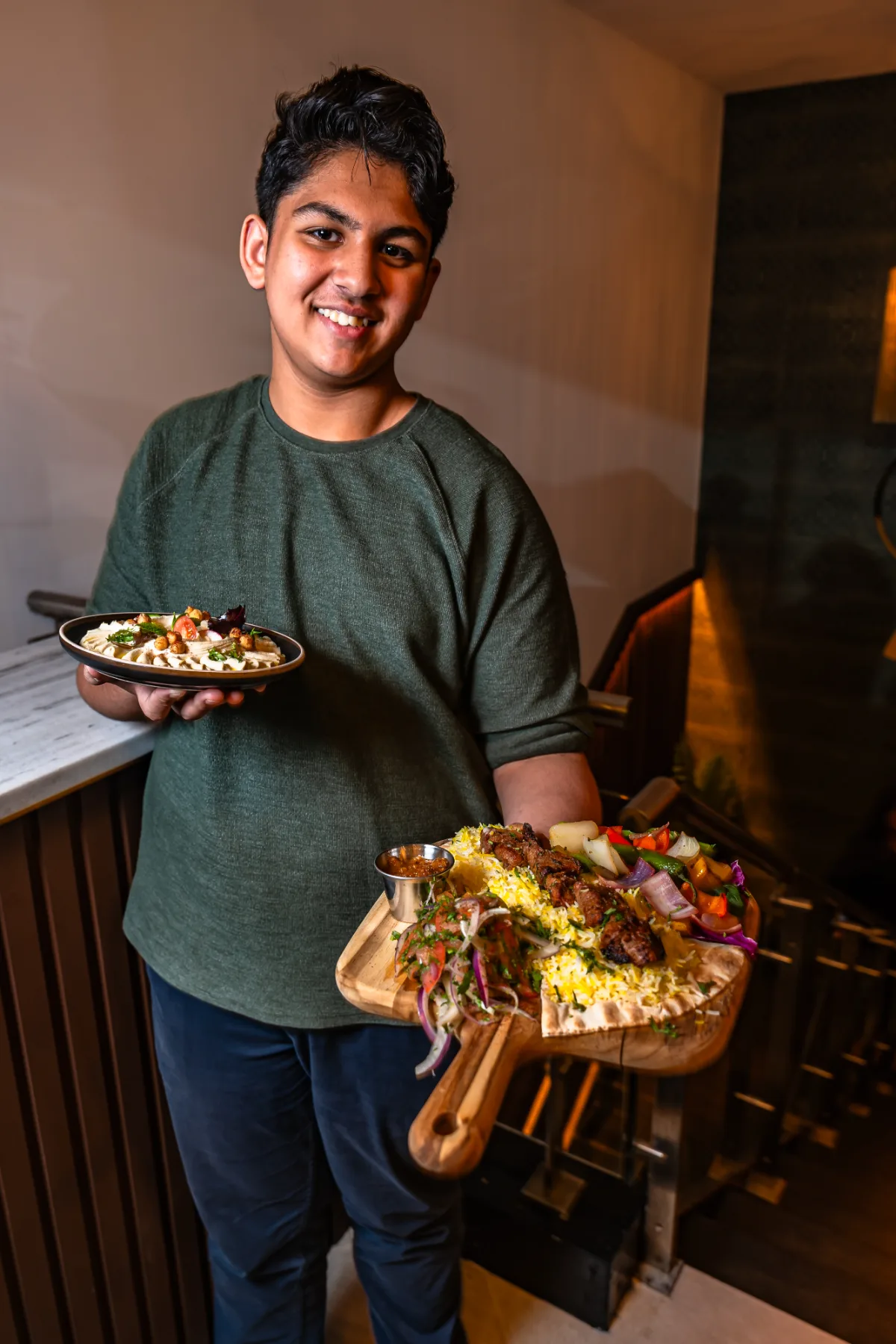 Hummus and kebab, served